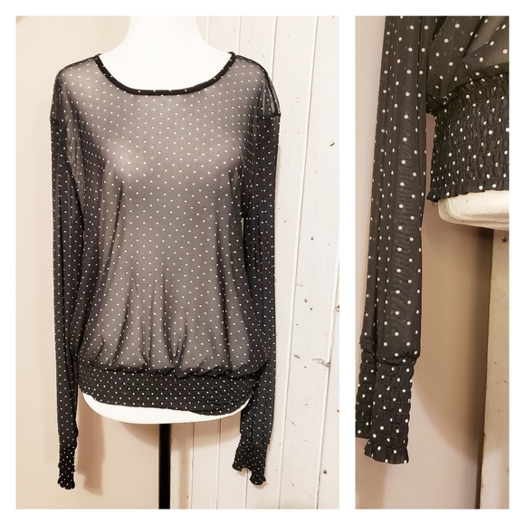 Dynamite Tops - SEMI-SHEER POLKA DOT SMOCKED WAIST LONG SLEEVE